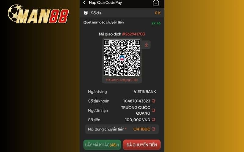 Các bước nạp tiền bằng phương thức Ngân Hàng tại MAN88