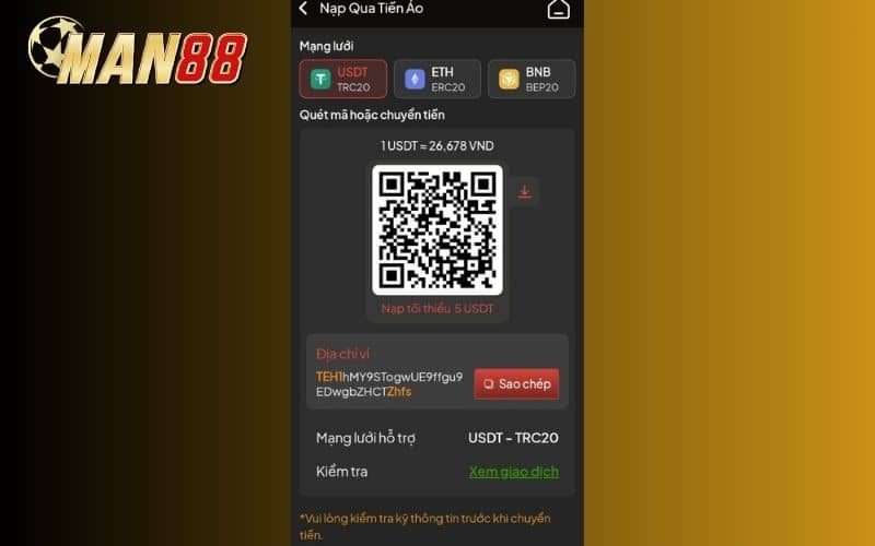 Các bước nạp tiền bằng phương thức Tiền Ảo tại MAN88